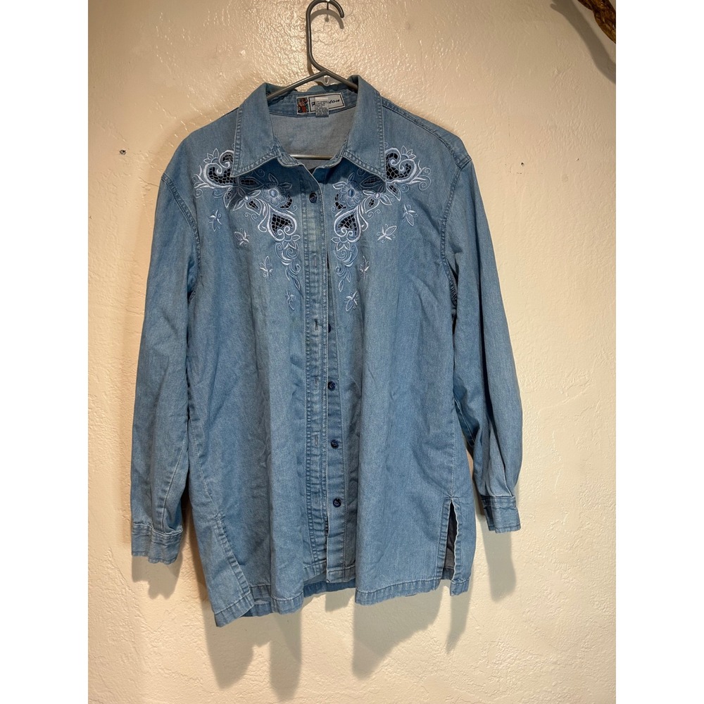 Passion Womens vintage Embroidered Denim Button Down Shirt Eyelet Floral Large